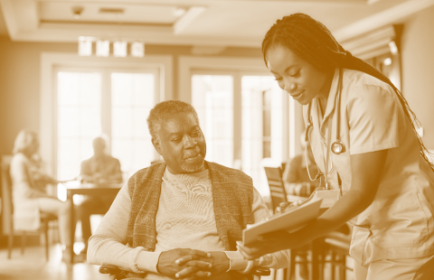 nurse showing medical on his patient senior